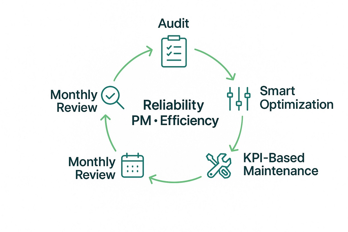 Circular KPI operating loop linking audits, smart optimization, maintenance, and monthly review — reliability and efficiency focus.