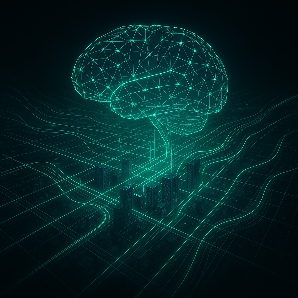 Futuristic AI brain overlaying city grid with glowing green energy data lines — smart urban optimization.