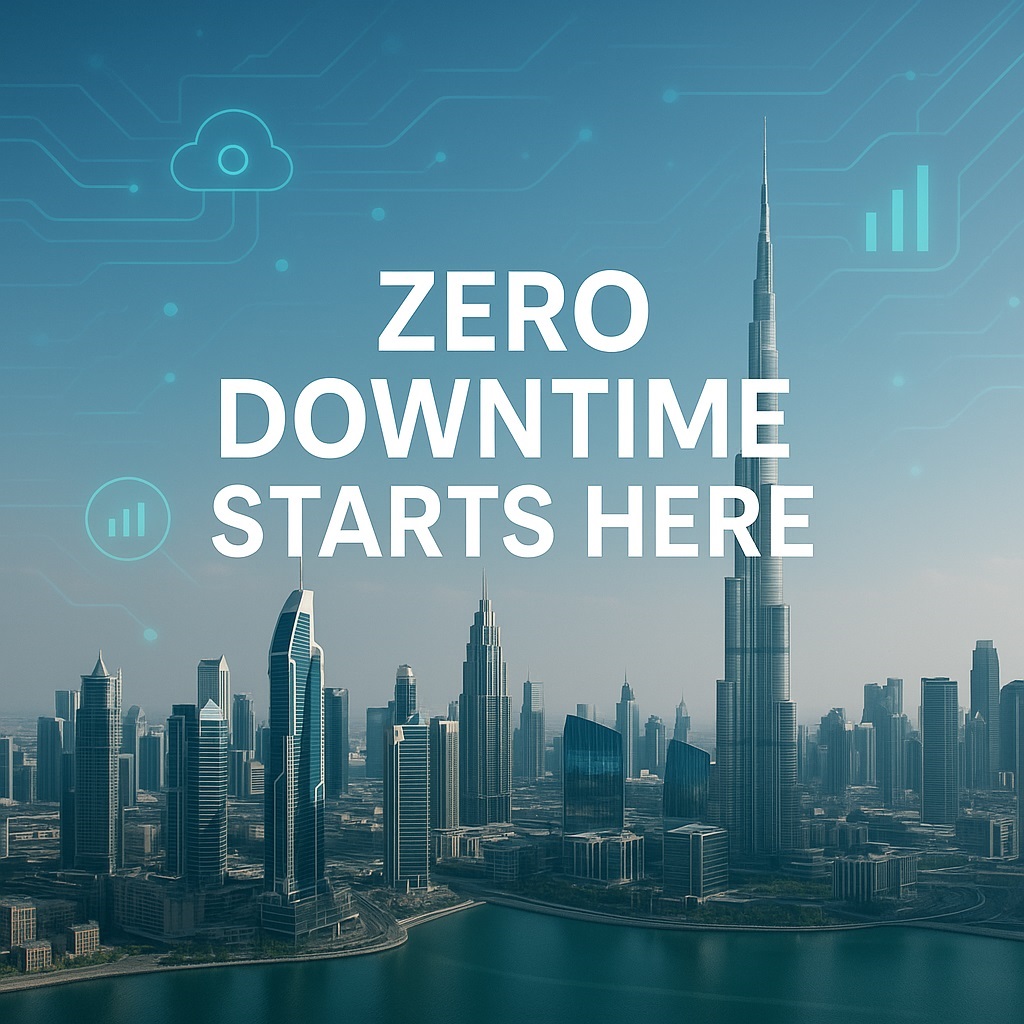 Dubai smart city skyline with digital IoT data overlays and bold text reading “Zero Downtime Starts Here.”