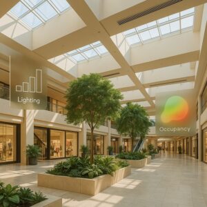 Modern GCC shopping mall atrium with skylights, plants, and AI overlays showing lighting and occupancy data.