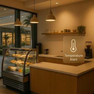 Stylish GCC mall café counter with refrigerated display and temperature alert overlay in warm evening light.