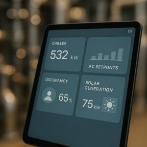 Energy management dashboard showing HVAC and solar metrics.