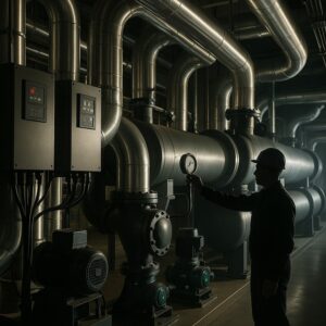 Industrial GCC chiller plant room with technician silhouette inspecting gauges and gleaming pipes under cinematic lighting.
