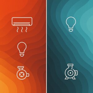 Split-screen abstract energy visualization showing warm red high load and cool teal reduced load with AC, light, pump icons.