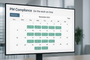 CMMS calendar with all preventive maintenance tasks on schedule — PM compliance dashboard in modern UAE office.