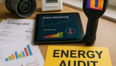 Energy auditors in UAE inspecting building systems with tablets and sensors during an energy audit to improve efficiency and savings.