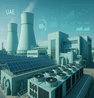 District cooling plant with chillers and energy performance monitoring system in Dubai.