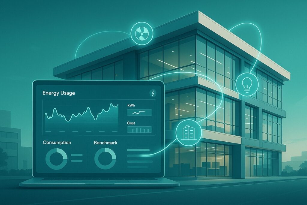 Modern UAE commercial building with IoT energy sensors and digital dashboard overlay showing real-time monitoring data in blue-green tones.