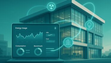 Modern UAE commercial building with IoT energy sensors and digital dashboard overlay showing real-time monitoring data in blue-green tones.