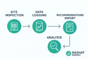 Diagram showing steps of a professional energy audit process used by Nashat Energy in the UAE.