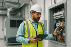Engineer implementing energy audit recommendations on building management dashboard.