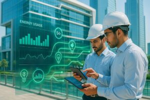 Engineers analyzing real-time energy data in a UAE commercial building during an energy audit.