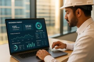 Engineer monitoring real-time energy analytics dashboard showing 27% savings with IoT system.