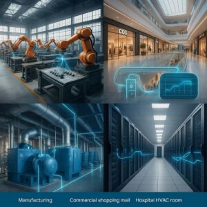Multiple GCC industries including factories, malls, and hospitals connected by IoT energy monitoring systems.