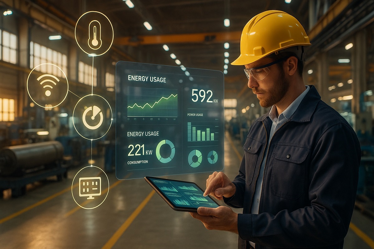 Engineer analyzing real-time IoT energy dashboard in smart UAE factory — data-driven energy optimization.
