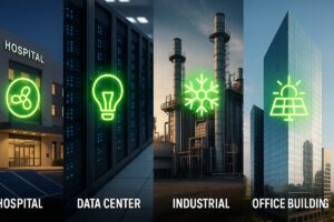 Collage of hospital, data center, industrial plant, and office tower with glowing energy efficiency icons.