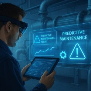 Engineer using AR glasses for predictive maintenance with digital KPI alerts on industrial HVAC system.