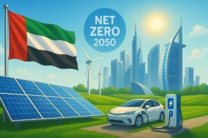UAE flag with solar panels, EV charging, and skyline — symbolizing UAE Net Zero 2050 sustainability goals.