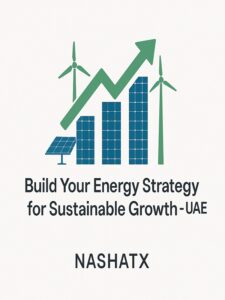 Solar panels and wind turbines forming upward growth chart — “Build Your Energy Strategy for Sustainable Growth – UAE.