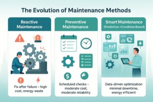 Infographic comparing Reactive, Preventive, and Smart Maintenance with icons showing efficiency and energy savings improvements.