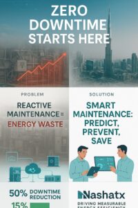 Vertical infographic showing smart maintenance workflow with text “Zero Downtime Starts Here,” highlighting problems, solutions, and Nashat Energy results.