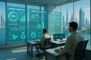 Engineers monitor IoT energy analytics dashboards in a UAE smart building control room overlooking Dubai skyline.
