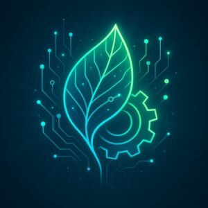 Abstract glowing leaf merged with gear and circuit lines symbolizing sustainable energy and smart technology.