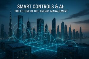 AI-powered smart building cityscape with digital energy grid overlay representing smart controls and automation in GCC.