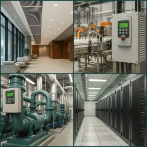 Collage of commercial office, industrial plant, hospital mechanical room, and data center — unified energy efficiency theme.
