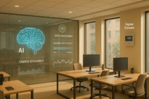 Modern GCC office interior with smart lighting and AI-powered energy control dashboard.”