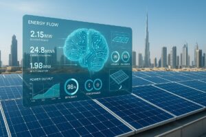 Dubai rooftop solar panels with AI digital twin dashboard showing real-time energy flow and optimization.
