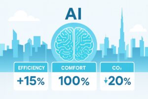AI energy efficiency infographic with GCC skyline showing +15% efficiency, 100% comfort, and 20% CO₂ reduction.