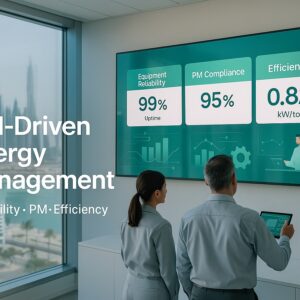 UAE facility control room with dashboard showing reliability, PM compliance, and energy efficiency KPIs on large display.
