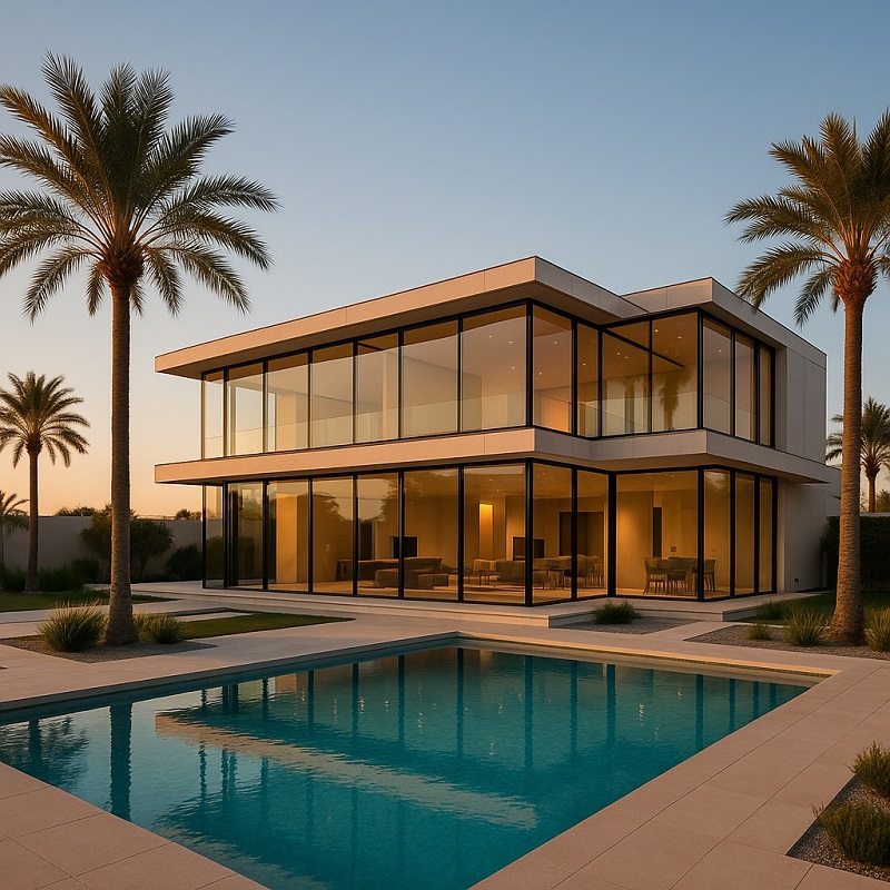 Fully glazed premium G+1 villa in Dubai with outdoor pool, representing NashatX residential energy audit project.